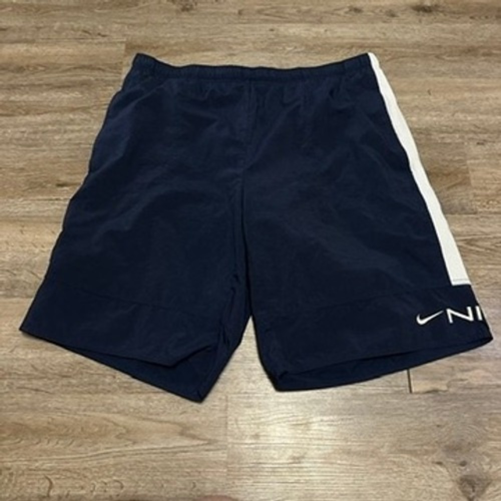 Nike Mens Navy Blue Mesh Lined Athletic Basketball Shorts XL White Stripe Logo